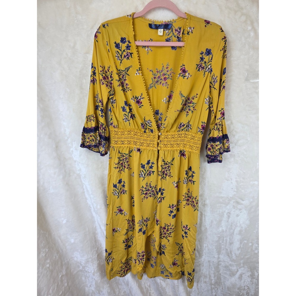 Blue Rain Mustard Yellow Floral Boho Midi Dress Crochet Waist Bell Sleeve Small